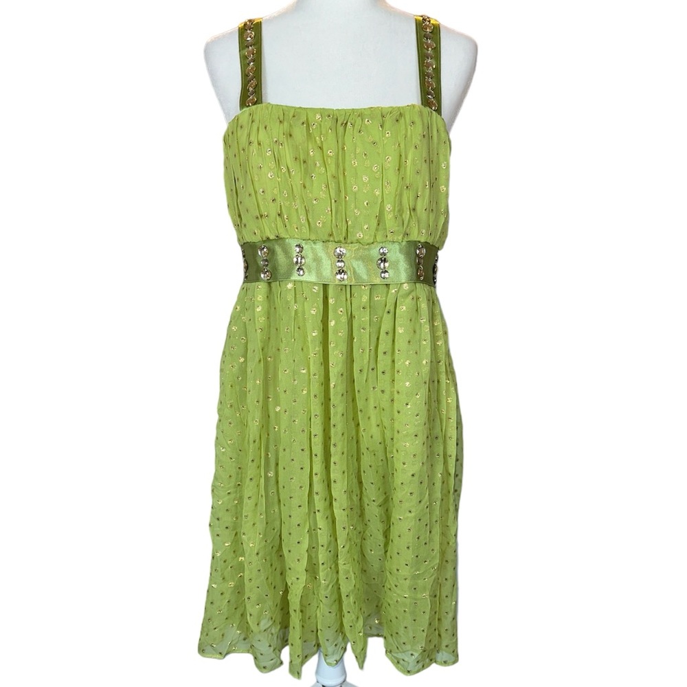 Vintage Y2K Custom Made Lime Green & Gold Rhinestone Dress Size Small (4-6)